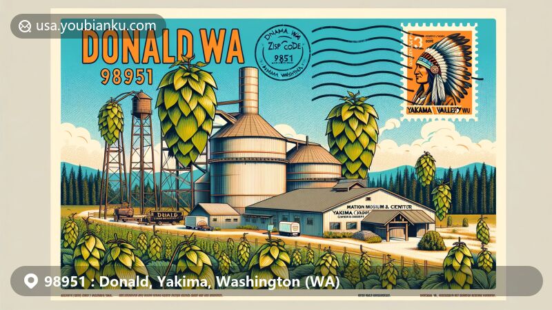 Modern illustration of Donald, Washington, capturing the essence of ZIP code 98951, with Herke Hop Kiln and hop plants, reflecting the region's vibrant hop industry. Stamp design showcases agricultural heritage, while American mailbox and postmark evoke postal tradition. Yakama Nation Museum & Cultural Center subtly depicted in the corner, symbolizing Native American culture.