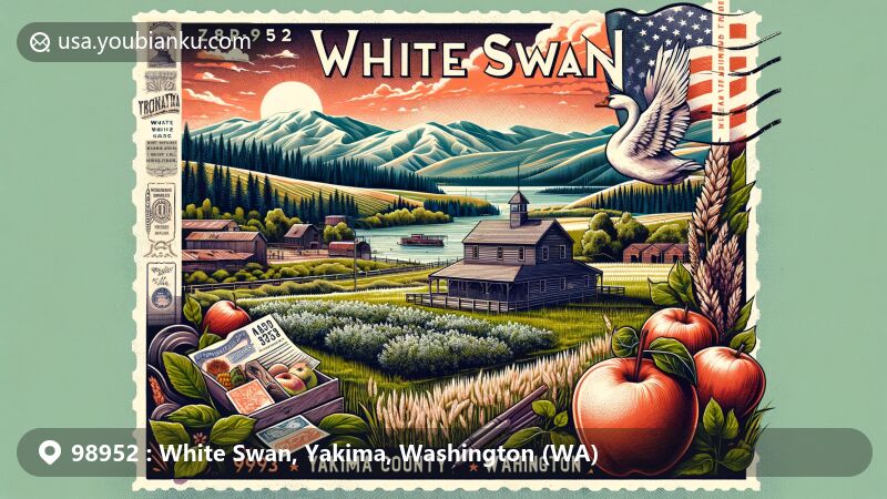 Modern illustration of White Swan, Yakima County, Washington, capturing the essence of the Yakima Valley with rolling hills, Fort Simcoe's Blockhouse, lush apple orchards, and a vibrant sunset, all framed by a vintage postage stamp and a 'Greetings' banner.