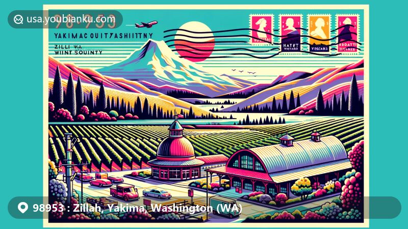 Modern illustration of Zillah, Yakima County, Washington, showcasing postal theme with ZIP code 98953, featuring vineyards, wineries like Hyatt Vineyards, Teapot Dome Service Station, and scenic views of Mount Adams and Mount Rainier.