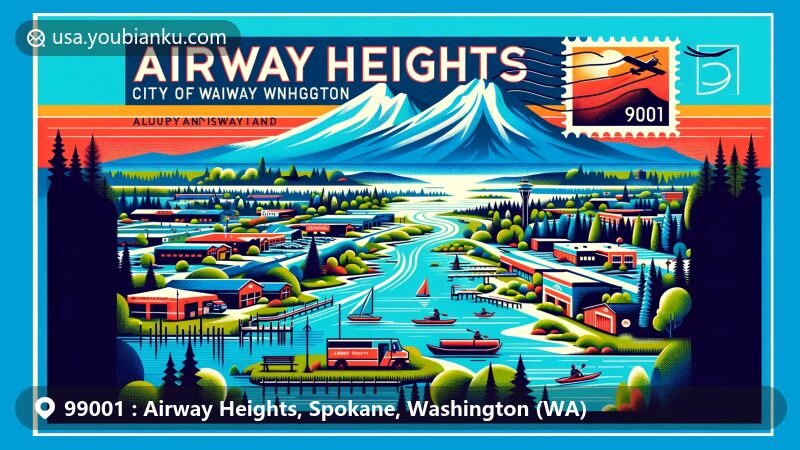 Modern illustration of Airway Heights, Spokane, Washington (WA), showcasing unique geographical and cultural characteristics with views of Mount Spokane and channeled scablands, depicting outdoor activities like hiking and biking, and featuring postal elements with a postage stamp and postmark.