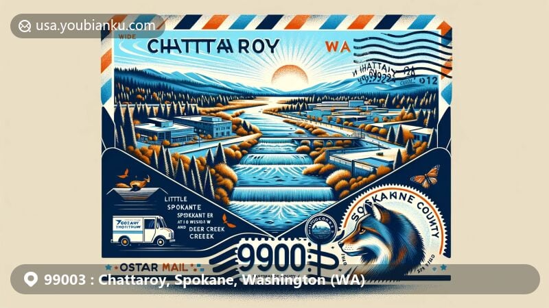 Modern illustration of Chattaroy, Spokane County, Washington, highlighting natural scenery and postal elements, integrating the Little Spokane River, Deer Creek, and Spokane County's outline, with a vintage air mail envelope featuring ZIP code 99003 and postage stamp of Martin Woldson Theater at the Fox.