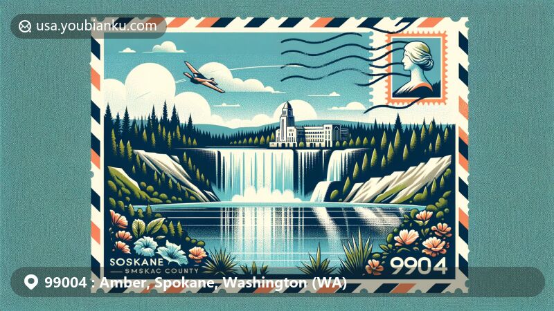 Modern illustration of Amber, Spokane, Washington (ZIP code 99004), featuring serene lake environment, Spokane Falls, and postal elements, with stylized state flag and airmail theme.