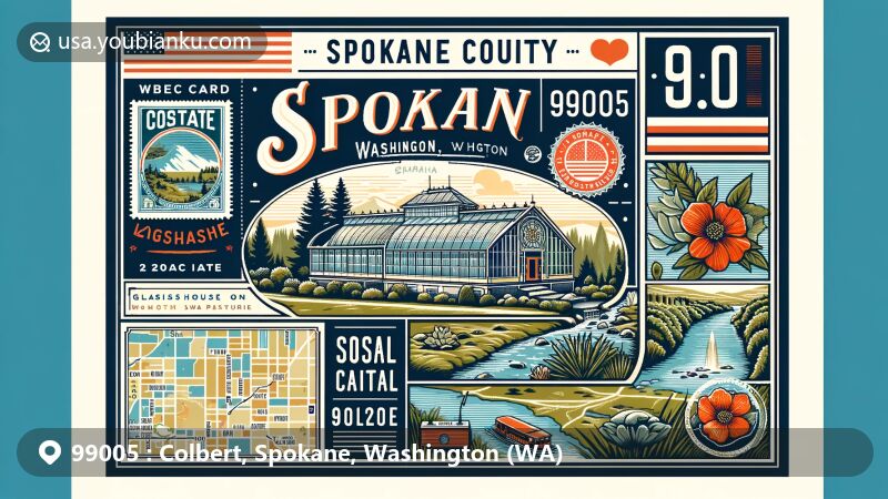 Modern illustration of Colbert, Spokane County, Washington, featuring Glasshouse on Monroe and ZIP code 99005, integrating Washington state flag, postal elements, and highlighting local allure.