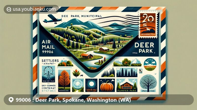 Modern and vibrant illustration of Deer Park, Spokane County, Washington, creatively blending postal theme with natural beauty and community events, featuring rolling hills, lush forests, Spring Creek, seasonal trees, Settlers Days, Summer Concert Series, Pumpkin Lane, vintage stamp of Deer Park Municipal Airport, postmark with incorporation date of June 24, 1908, and ZIP code 99006.