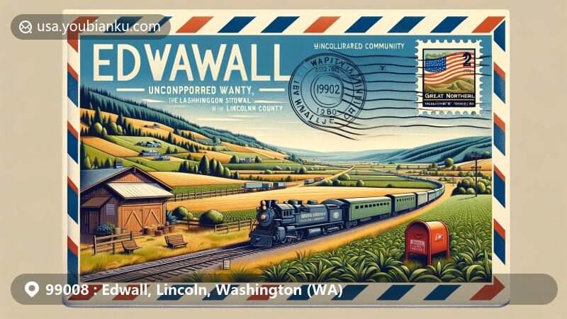 Modern illustration of Edwall, Lincoln County, Washington, combining postal heritage with rural landscape, featuring Great Northern Railway, farmlands, hills, Washington state flag, ZIP Code 99008, and traditional mailbox.