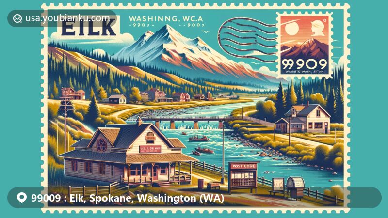 Modern illustration of Elk, Spokane County, Washington, highlighting rural charm against Selkirk Mountains backdrop and river landscapes, featuring vintage postcard layout with post office and recreational activities.