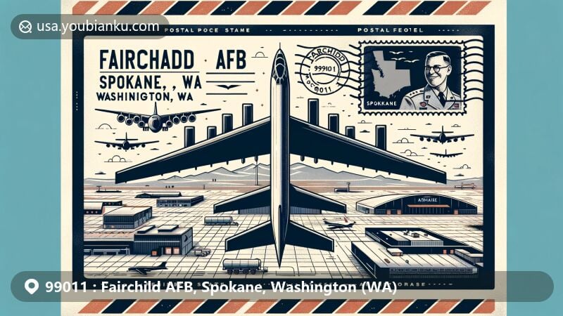 Modern illustration for ZIP code 99011, highlighting Fairchild AFB in Spokane, Washington, featuring vintage air mail envelope design with B-52 Stratofortress and KC-135 Stratotanker, honoring General Muir S. Fairchild, and symbolizing Spokane's outdoor attractions.