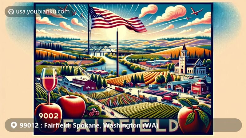Modern illustration of Fairfield, Spokane County, Washington, displaying scenic Palouse Scenic Byway with rolling farmland and hills, celebrating Flag Day tradition, featuring apple, wine glass with grapes, reflecting agricultural richness.