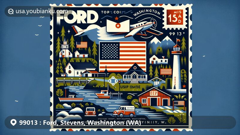 Modern illustration of Ford, Stevens County, Washington, featuring postal theme with ZIP code 99013, showcasing Tshimakain Mission historical marker, local parks, trails, lakes, rivers, and Washington state symbols.