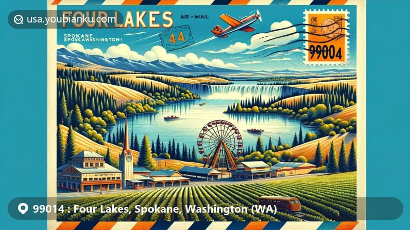 Modern illustration of Four Lakes, Spokane, Washington, featuring iconic landmarks like Spokane Falls, the Looff Carrousel, and a vineyard, within a postal theme showcasing ZIP code 99014.