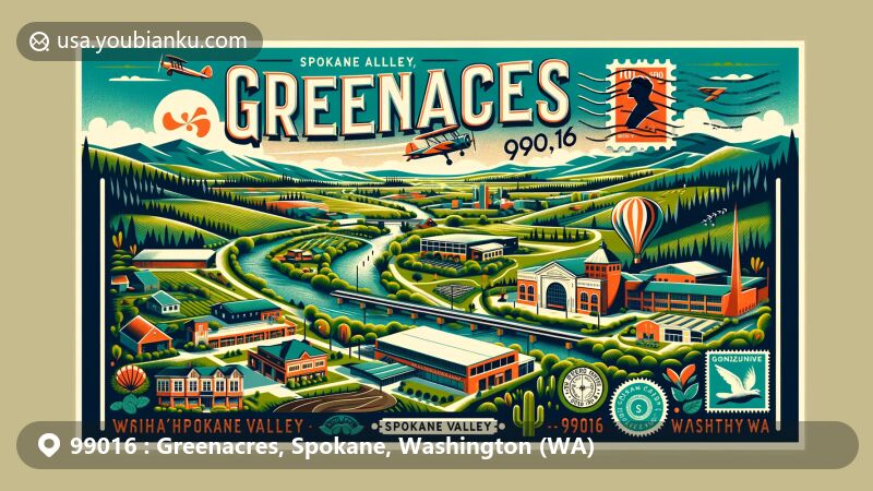 Modern illustration of Greenacres, Spokane Valley, Washington, featuring a postcard design with ZIP code 99016, showcasing the Spokane River, Martin Woldson Theater, Green Bluff, and Gonzaga University.