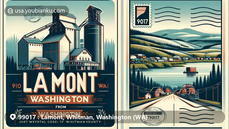 Vintage-style illustration of Lamont, Washington, showcasing ZIP code 99017, featuring iconic grain elevators and lush Pacific Northwest landscapes, with postal elements like a postal stamp and 'Greetings from Lamont, WA' in vintage lettering.
