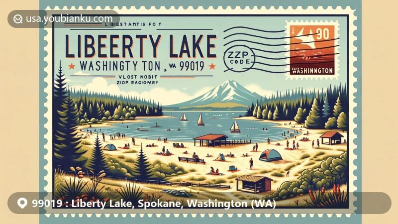 Scenic illustration of Liberty Lake, Washington, showcasing sandy shores, lush forests, hiking trails, and outdoor activities at Liberty Lake Regional Park with postal theme incorporating 'Liberty Lake, WA 99019' stamp and postmark.