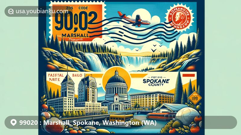 Modern illustration of Marshall, Spokane County, Washington, highlighting postal theme with ZIP code 99020, featuring air mail envelope, stamps, postmark, and iconic landmarks like Spokane Falls, Bing Crosby Theater, and Davenport Hotel.