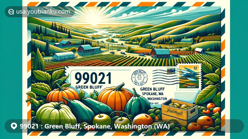 Modern illustration of Green Bluff, Spokane, Washington, representing ZIP code 99021, showcasing pastoral landscape with crops, family farms, vintage postal elements, and Mount Spokane in the background.