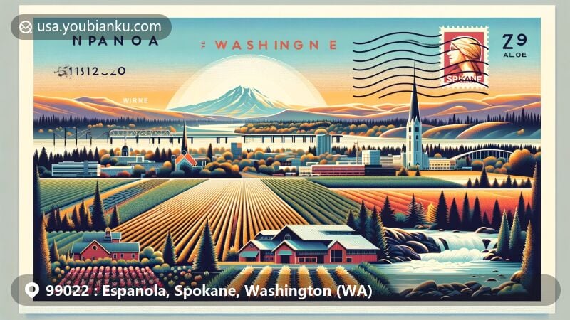 Creative illustration of Espanola, Spokane County, Washington, featuring postal theme with ZIP code 99022, showcasing farmlands, Spokane Riverfront Park, Spokane Falls, and Mount Spokane State Park.