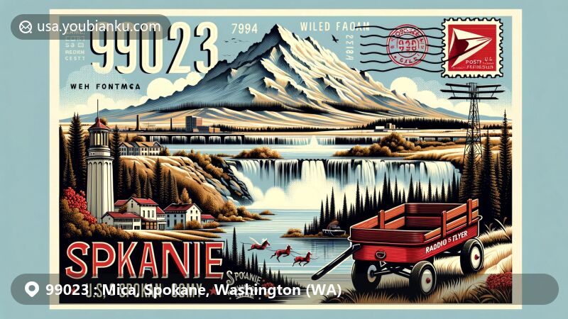 Modern illustration of Mica area, Spokane County, Washington, featuring Mica Peak and Spokane Falls, with vintage postcard layout showcasing ZIP code 99023, including Radio Flyer Red Wagon sculpture from Riverfront Park.