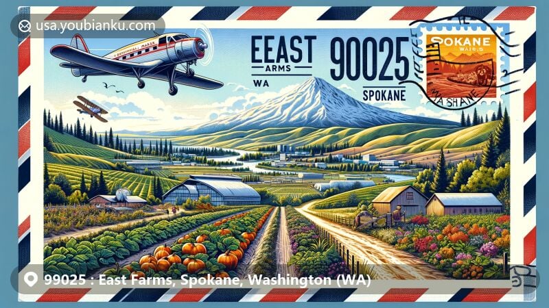 Creative illustration of East Farms area in Spokane, Washington, on a vintage air mail envelope with ZIP code 99025, featuring landmarks like Centennial Trail, Mount Spokane, and Green Bluff scenery.