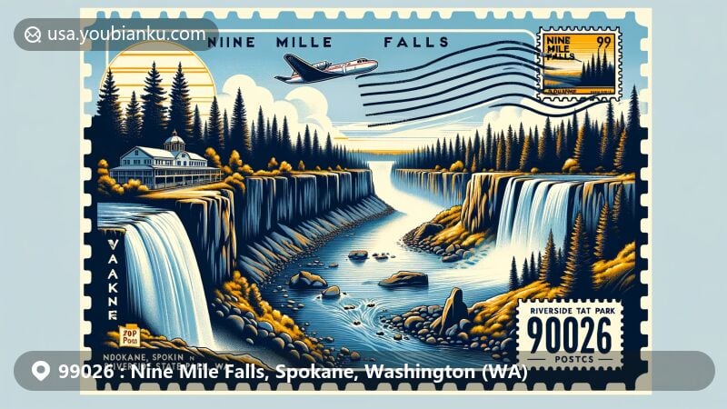 Modern illustration of Nine Mile Falls, Spokane, Washington, highlighting the Spokane River, ponderosa pines, and basalt formations of Riverside State Park, featuring the Bowl and Pitcher rock formations under a clear sky, overlaid with a vintage airmail envelope showing the ZIP code 99026.