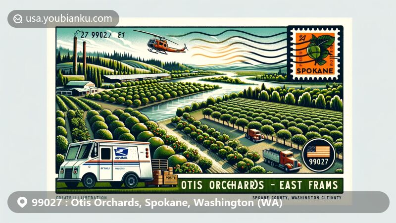 Modern illustration of Otis Orchards-East Farms, Spokane County, Washington, highlighting rich agricultural beauty with lush orchards and farms, showcasing Spokane River and postal elements.