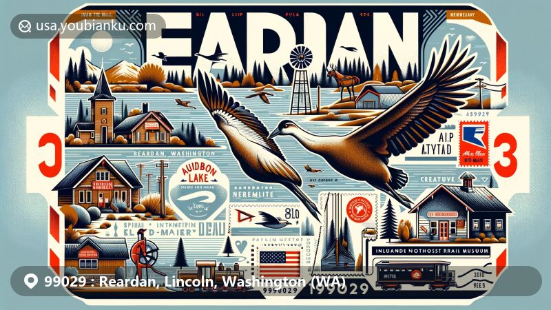 Modern illustration of Reardan, Lincoln County, Washington, capturing essence of Audubon Lake birdlife, Mule Days celebration, Inland Northwest Rail Museum, and postal elements with ZIP code 99029.