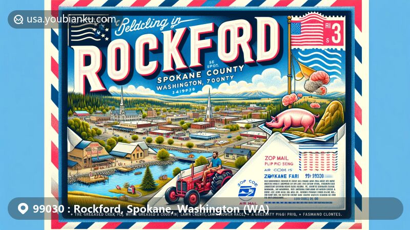 Modern illustration of Rockford, Spokane County, Washington, featuring postal theme with ZIP code 99030, showcasing Rock Creek, SE Spokane County Fair, and Washington state symbols.
