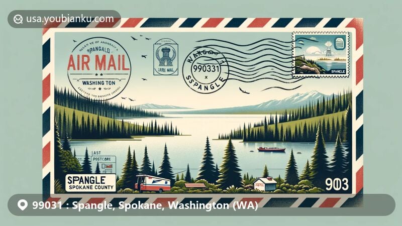 Modern illustration of Spangle, Washington, showcasing postal theme with ZIP code 99031, featuring serene natural landscape and Washington state symbols.