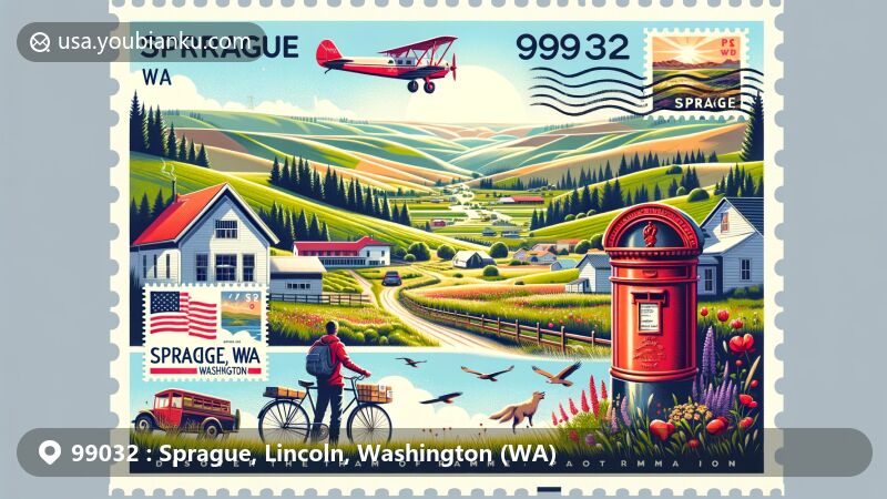 Modern illustration of the rural charm and beauty of Sprague, Washington, ZIP code 99032, in the picturesque Palouse region. Features a creative postal theme with air mail elements and a classic red mailbox.