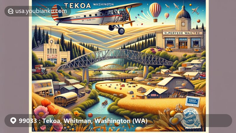 Modern illustration of Tekoa, Washington, featuring Milwaukee Road Bridge, Empire Theatre, Palouse hills, and Slippery Gulch Festival in a postal theme with ZIP code 99033.