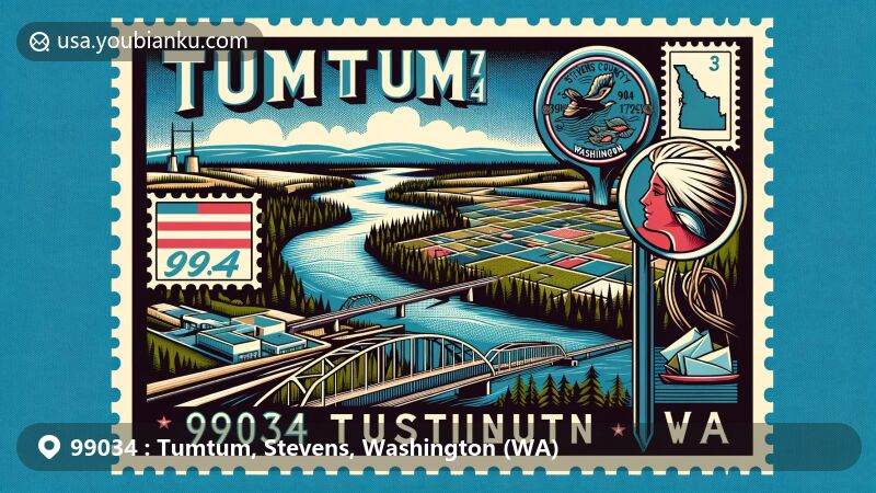 Modern illustration of Tumtum, Washington (ZIP code 99034), showcasing Spokane River and Stevens County map, with iconic postal elements like vintage stamp and Washington State flag.