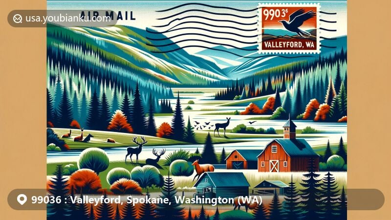 Modern illustration of Valleyford, Spokane, Washington, highlighting the serene beauty of the area with forests, hills, and the Spokane River. Includes local wildlife, barns, and airmail envelope representing ZIP code 99036.