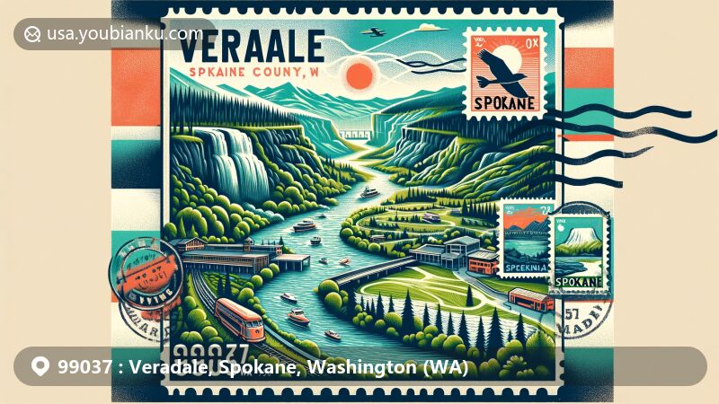 Modern illustration of Veradale, Spokane County, Washington, highlighting scenic beauty and landmarks of ZIP code 99037, including Centennial Trail, Mount Spokane State Park, Green Bluff, and Spokane Falls.