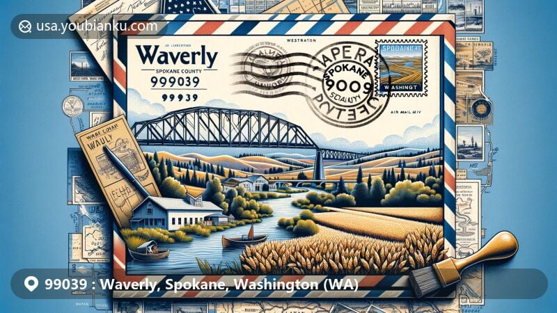 Modern illustration of Waverly, Spokane County, Washington, featuring vintage air mail envelope with Latah Creek Bridge stamp and 99039 ZIP code rubber stamp, surrounded by wheat fields and rural landscape, with Washington State flag in the background.
