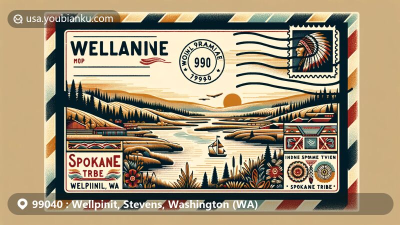 Modern illustration of Wellpinit, Stevens County, Washington, with ZIP code 99040, featuring creative postcard design against Spokane Indian Reservation backdrop, showcasing Spokane Tribe cultural elements and natural scenery.