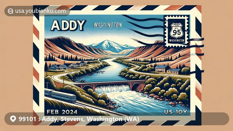 Illustration of Addy, Stevens, Washington, showing Colville River and U.S. Route 395 on a vintage airmail envelope with a Washington state flag stamp, showcasing ZIP code 99101 and a postmark date of Feb 29, 2024.