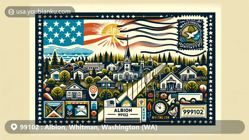 Modern illustration of Albion, Whitman County, Washington, highlighting postal theme with ZIP code 99102, featuring small-town charm, parks, walking trails, and Washington state symbols.