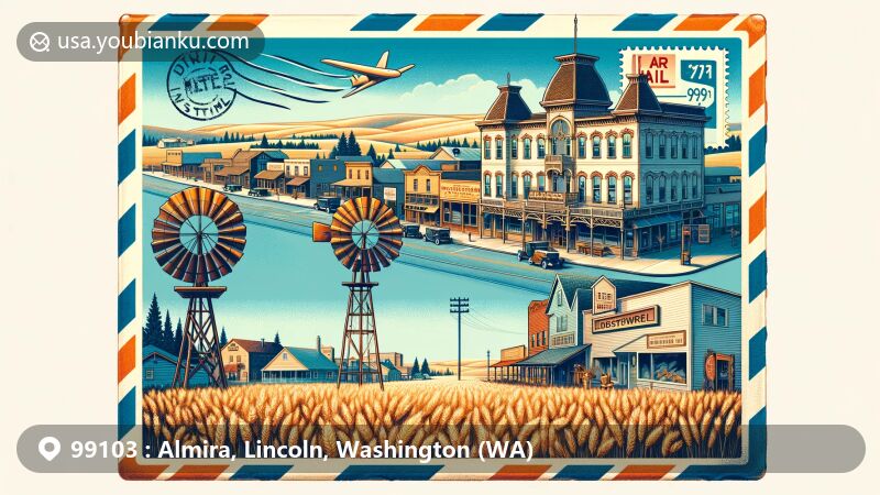 Modern illustration of Almira, Lincoln County, Washington, highlighting Almira Hotel symbolizing early 20th-century development, wheat fields representing prized blue stem wheat, and towering windmills symbolizing deep-well water systems supporting wheat farming driven by prevailing westerly winds. Vintage airmail envelope border features clear display of ZIP code 99103, showcasing 1930s N. Third Street commercial district with classic brick buildings and intricate detailing, narrating Almira's unique history as the 'Gateway to the Grand Coulee Dam' intertwined with agriculture and dam construction over the years.