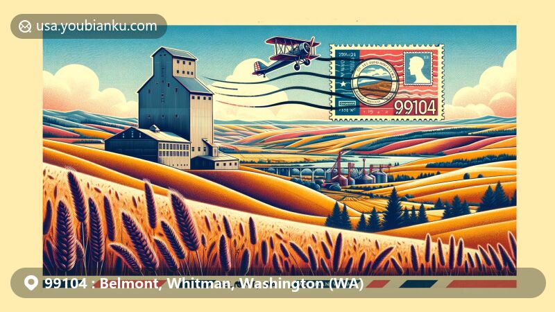 Modern illustration of Belmont, Whitman County, Washington, showcasing Palouse grasslands and vintage air mail envelope with ZIP code 99104, featuring communication and connection themes.