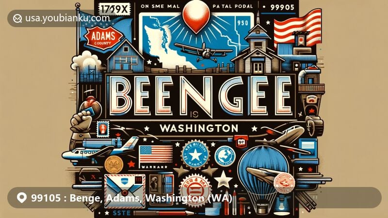 Modern illustration of Benge, Washington, showcasing regional and postal elements with ZIP code 99105, featuring Mullan Military Road, Adams County map outline, state flag of Washington, air mail envelope, stamps, and a postmark.