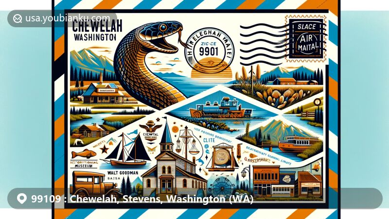 Modern illustration of Chewelah, Washington, showcasing postal theme with ZIP code 99109, featuring Walt Goodman Historical Museum, Kalispel cultural symbols, gartersnake, magnesite, and creative arts references.