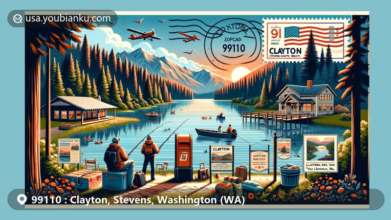 Modern illustration of Clayton, Stevens County, Washington, showcasing postal theme with ZIP code 99110, featuring natural beauty, outdoor activities, hiking trails, serene lake, art galleries, historical sites, and Washington state symbols.