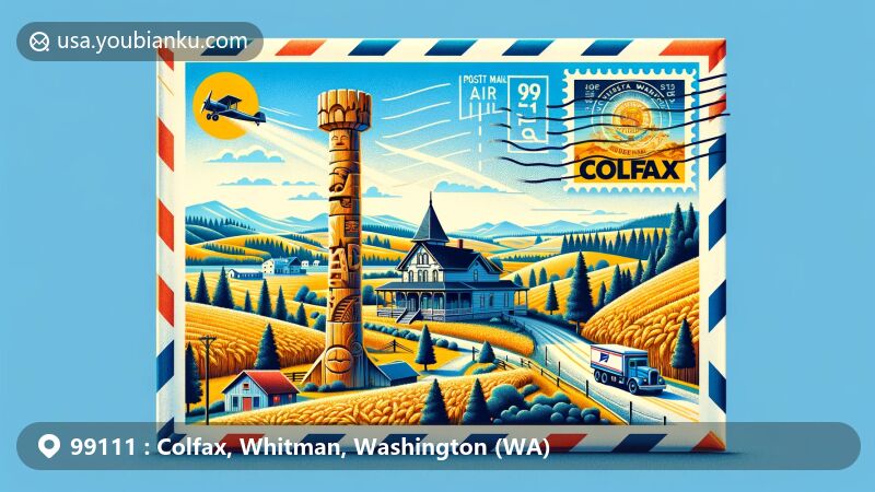 Vibrant illustration of Colfax, Washington, in an air mail envelope with ZIP code 99111, featuring Codger Pole, Perkins House, Palouse River, and vintage postal truck.