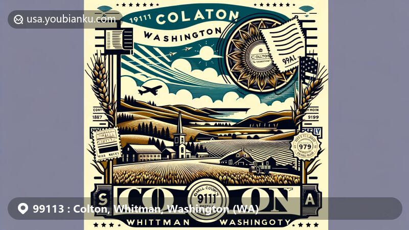 Charming illustration of Colton, Washington, ZIP code 99113, in Whitman County, blending rolling hills, farmland, and a modern postal theme.