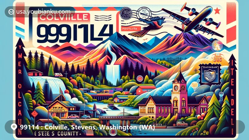 Modern illustration of Colville, Stevens County, Washington State, featuring mountainous landscape, forested areas, and iconic Stevens County Courthouse, creatively incorporating postal theme with ZIP code 99114.