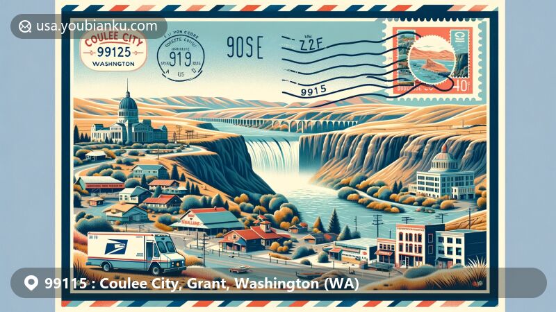 Creative illustration representing Coulee City, Grant County, Washington, with postal theme and landmarks like Dry Falls and Grand Coulee Dam, showcasing ZIP code 99115.
