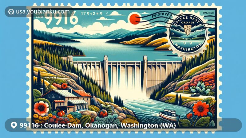 Modern illustration of Coulee Dam area, Okanogan County, Washington, featuring Grand Coulee Dam and diverse landscapes showcasing seasonal weather patterns. Background includes Okanogan Highlands and Lake Roosevelt National Recreation Area.