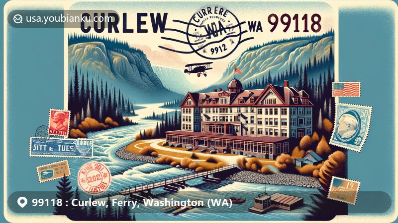 Modern illustration of Curlew, Washington, showcasing the Ansorge Hotel against the backdrop of the scenic Kettle River, with a postal theme featuring a vintage airmail envelope, stamps, and a postmark reading “Curlew, WA 99118”.