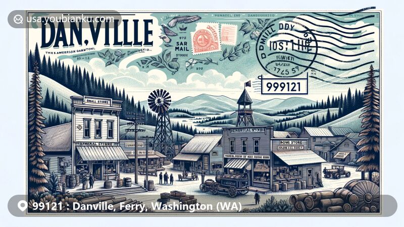 Modern illustration of Danville, Ferry County, Washington, depicting ZIP code 99121 with a postcard theme, showcasing historical general store and sawmill, reflecting early commercial and lumber production history.