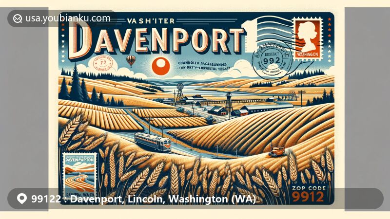 Modern illustration of Davenport, Washington, ZIP code 99122, capturing the town's rural charm and agricultural heritage, incorporating elements like channeled scablands, wheat fields, vintage postcard layout, airmail details, postal stamps, and a Davenport postmark.