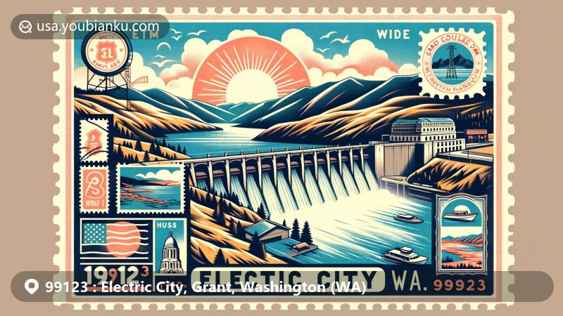 Vintage illustration of Electric City, Washington, highlighting Grand Coulee Dam and Banks Lake, emblematic of sunny climate and outdoor activities like fishing and boating.